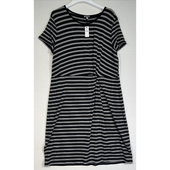 T By Talbots Womens Striped Short Sleeve Knot Front Dress Petite L Black & White - Picture 1 of 11